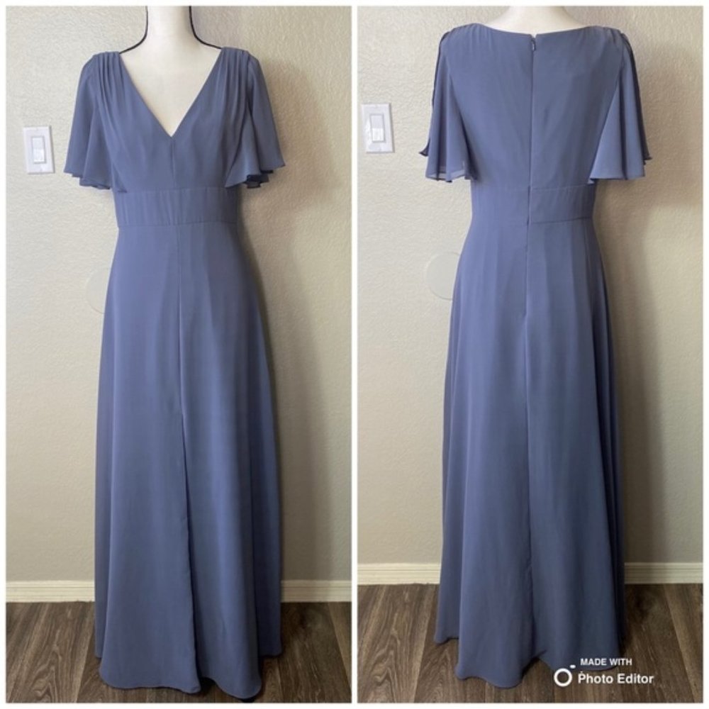 Social Bridesmaid Blue Ruffle Sleeve V-neck Dress